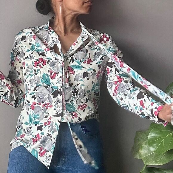 Vintage ACT III Button Up Blouse Tie Neck Secretary Floral Print Women’s Size L - Picture 9 of 12